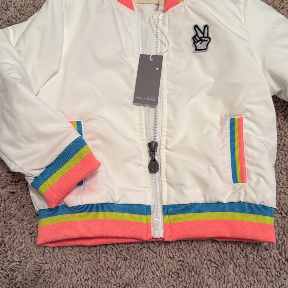 Miki Miette White bomber jacket with Rainbow Trim